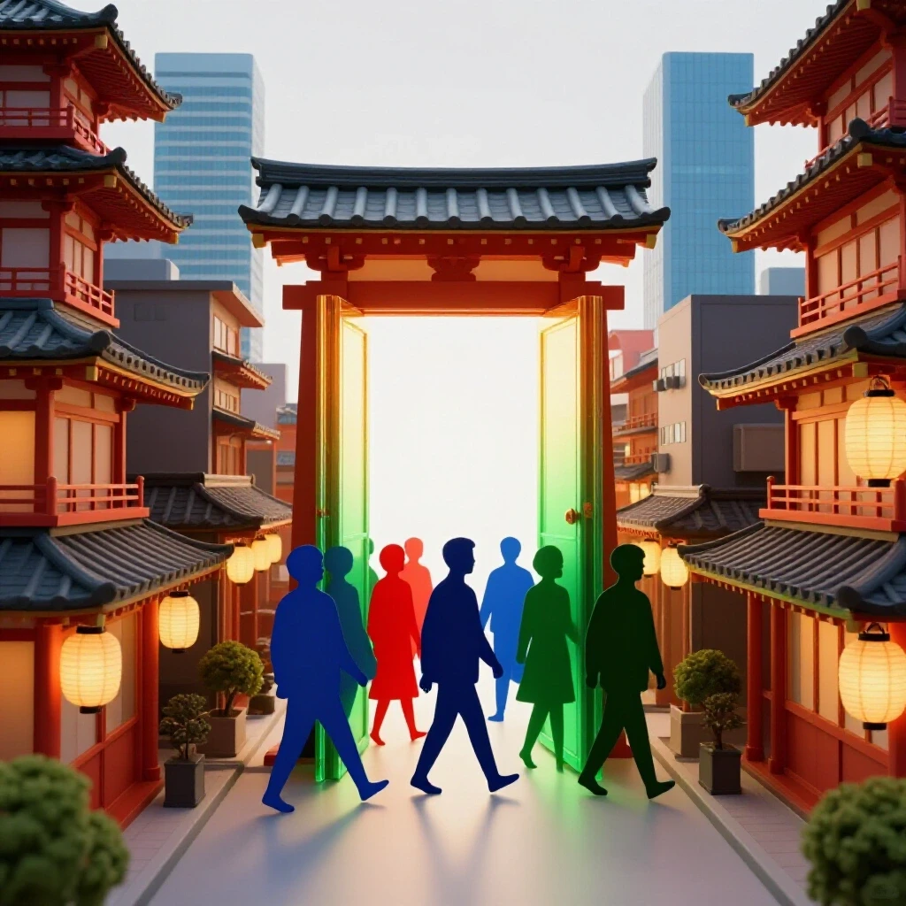Vibrant Japanese city blending tradition and modernity, with glowing doorway and abstract figures stepping through.