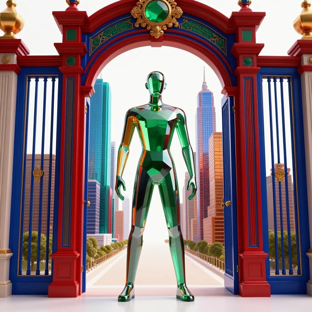 Abstract glass and metallic figure stands before an open, colorful gateway leading to bright skyscrapers and branching pathways.