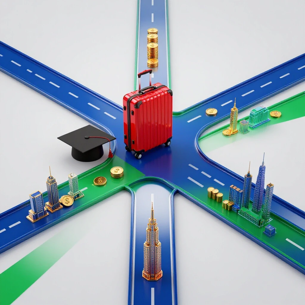 Glossy crossroads with suitcase, tipped graduation cap, and Thai city icons in vibrant colors on bright background.
