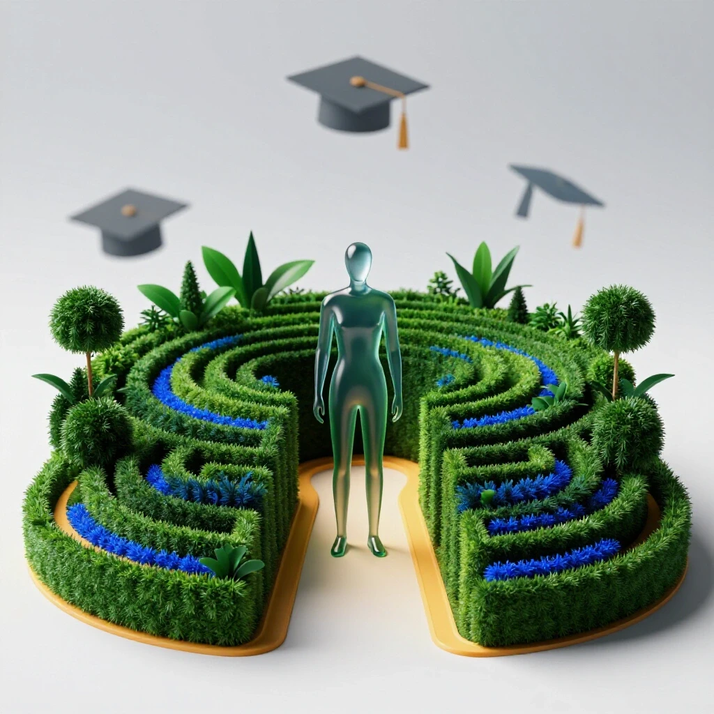 Abstract figure stands at the entrance to a vibrant maze-like garden, with fading diplomas in the background.