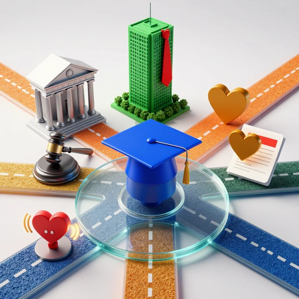 A central graduation cap at a glass crossroads with paths leading to legal, business, nonprofit, and media symbols.