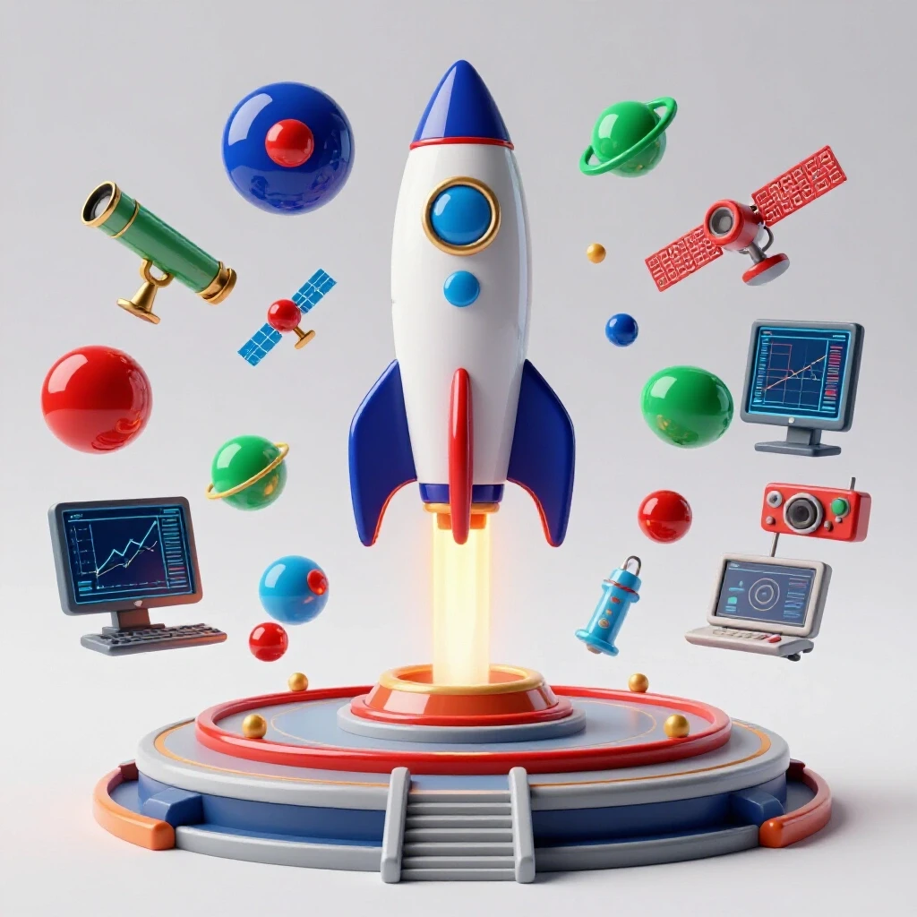 Dynamic rocket launching from an observatory with vibrant career icons orbiting in a luminous background