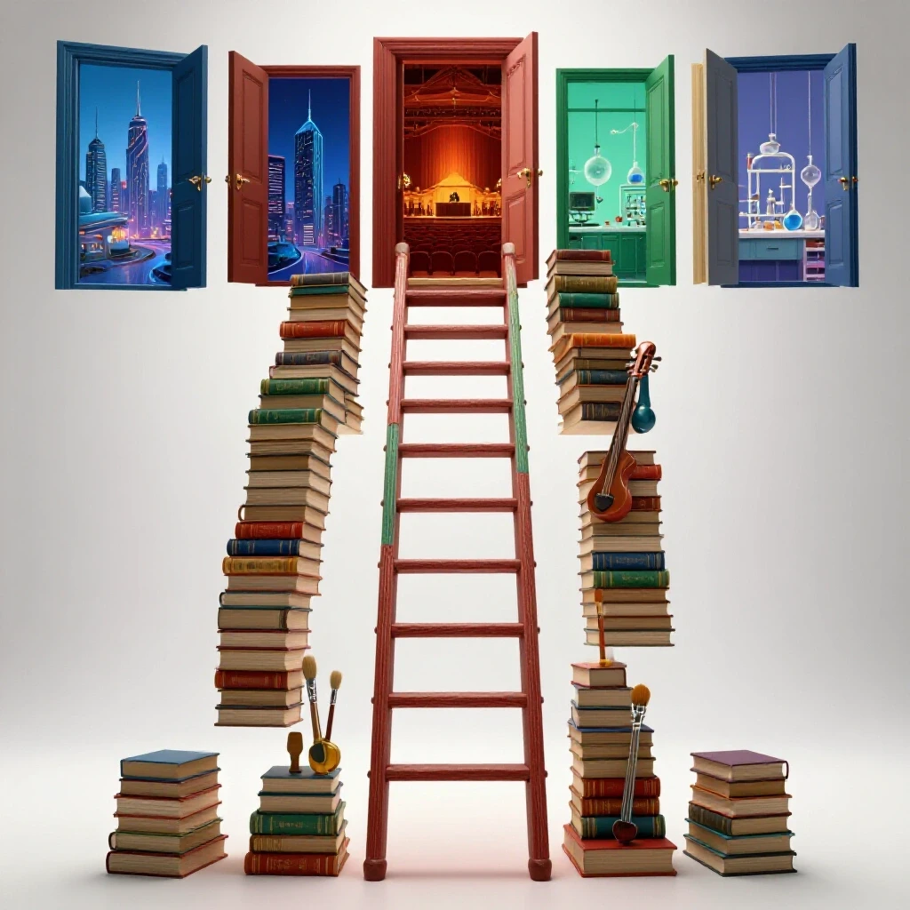 A ladder made from books, paintbrushes, and instruments leads to open doors revealing diverse unexpected landscapes.