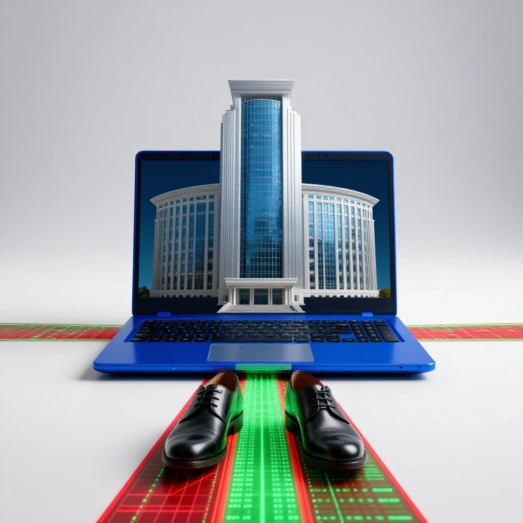 Vivid laptop with a modern university building emerging from its screen, digital pathways leading forward.