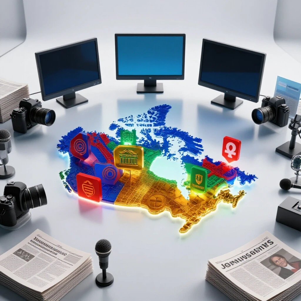 A luminous newsroom with a glowing Canada map, shining university markers, and journalism equipment centered on a bright background.