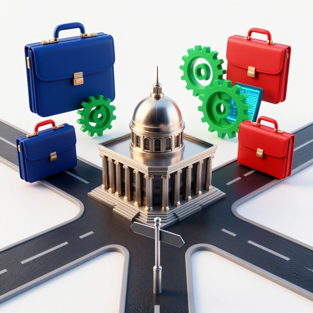A crossroads with one path leading to a bright courthouse and another to diverse career symbols on a luminous white background.