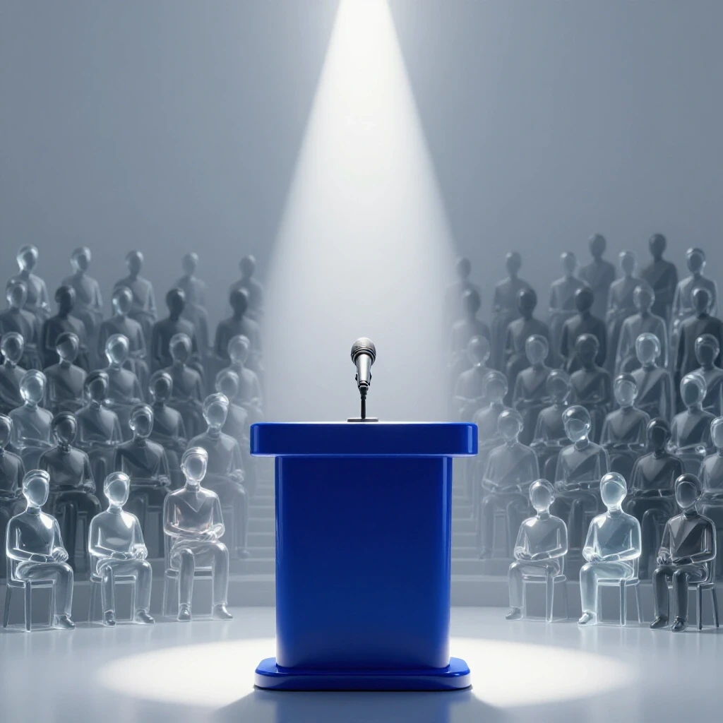 Glossy royal blue podium with metallic microphone spotlighted on stage before abstract attentive audience