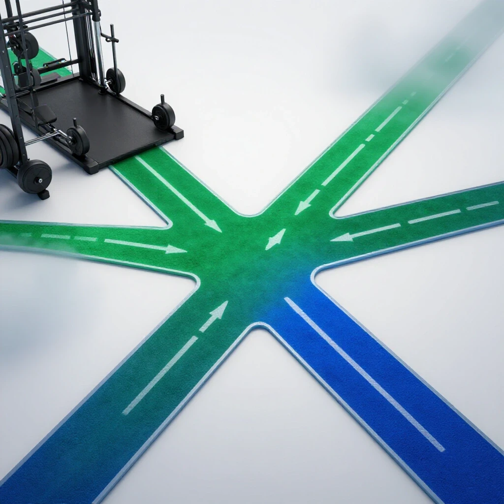 At a bright crossroads, vivid colored paths split toward a dynamic gym and a misty, uncertain road.