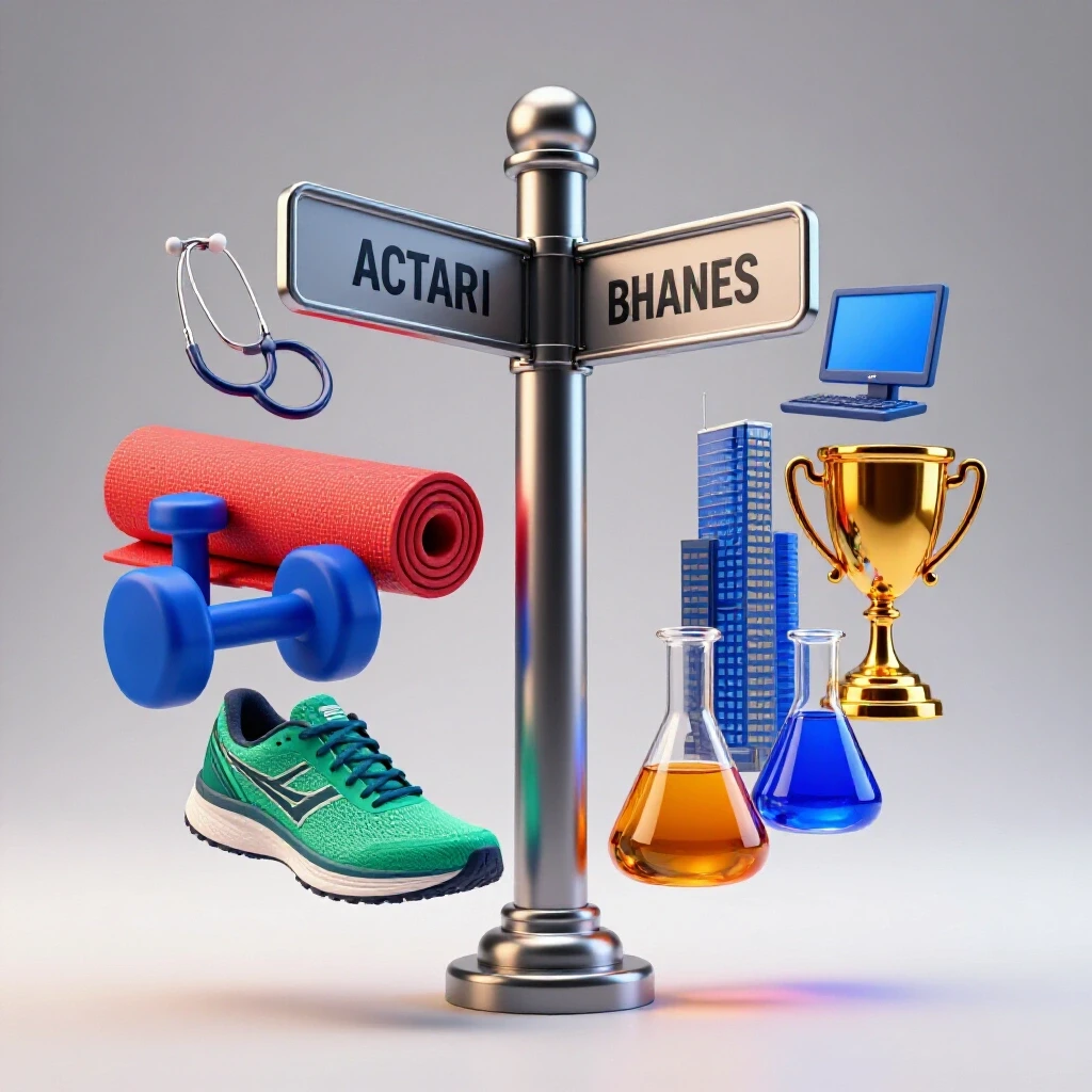 Glossy crossroads signpost with athletic gear on one side and professional symbols on the other, set on a bright white background.