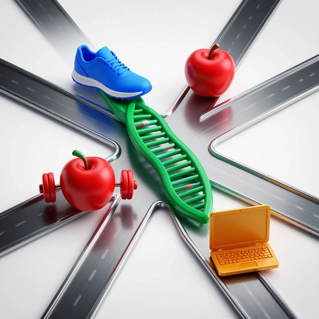 Glossy 3D crossroads with athletic, scientific, wellness, and tech symbols on a bright white background.