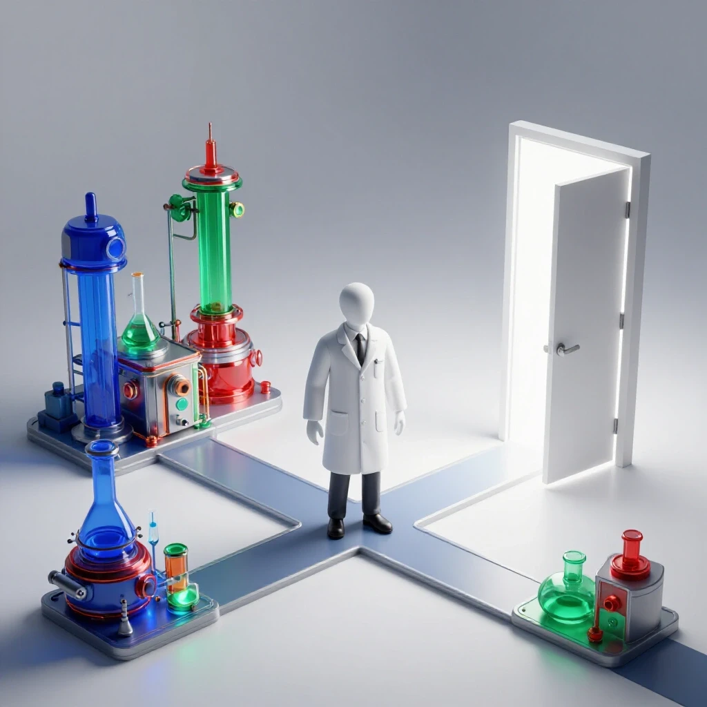 Lab coat figure stands at a crossroads between glowing scientific equipment and a bright open door.