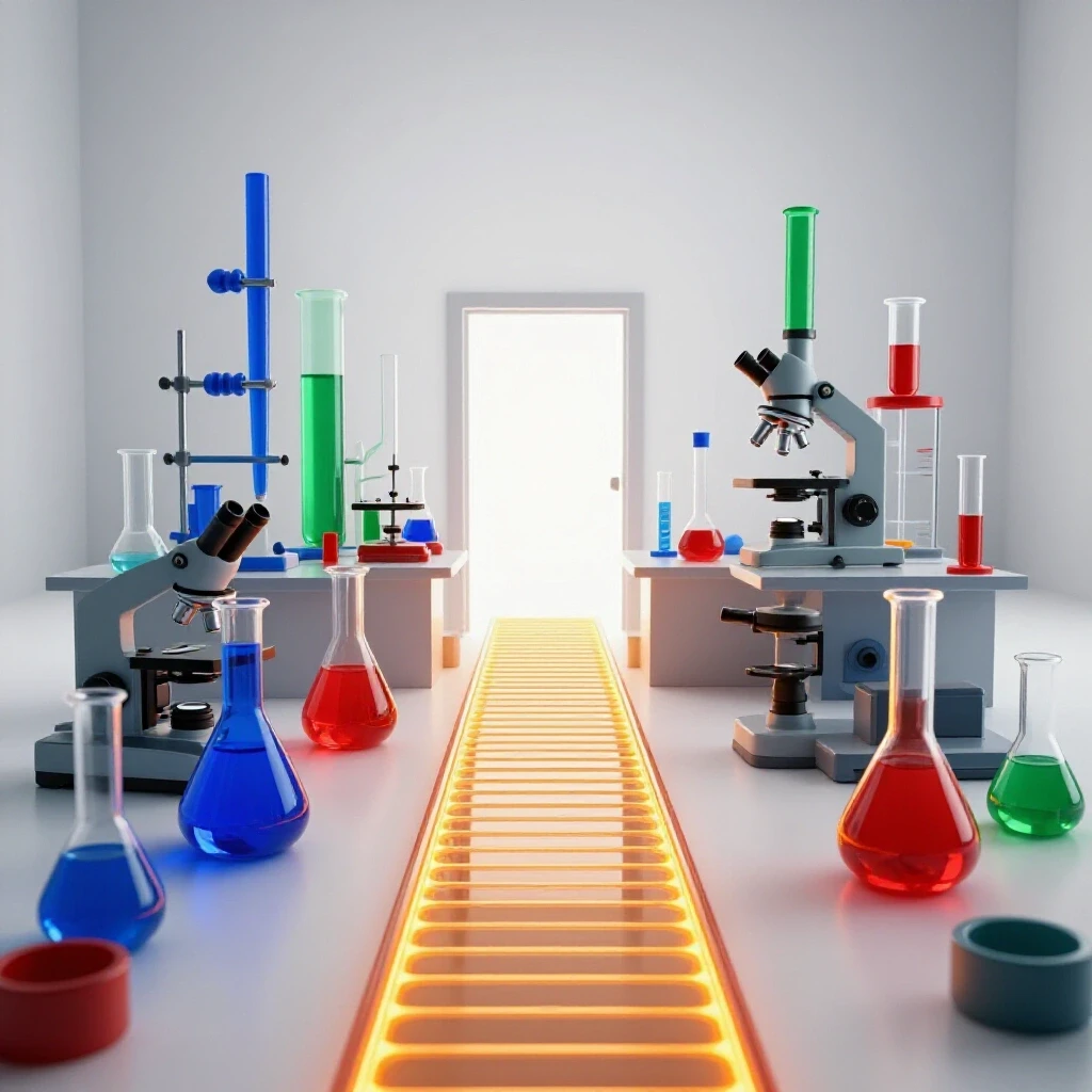 Vibrant laboratory equipment with a glowing bridge leading to a bright open doorway, symbolizing career paths.