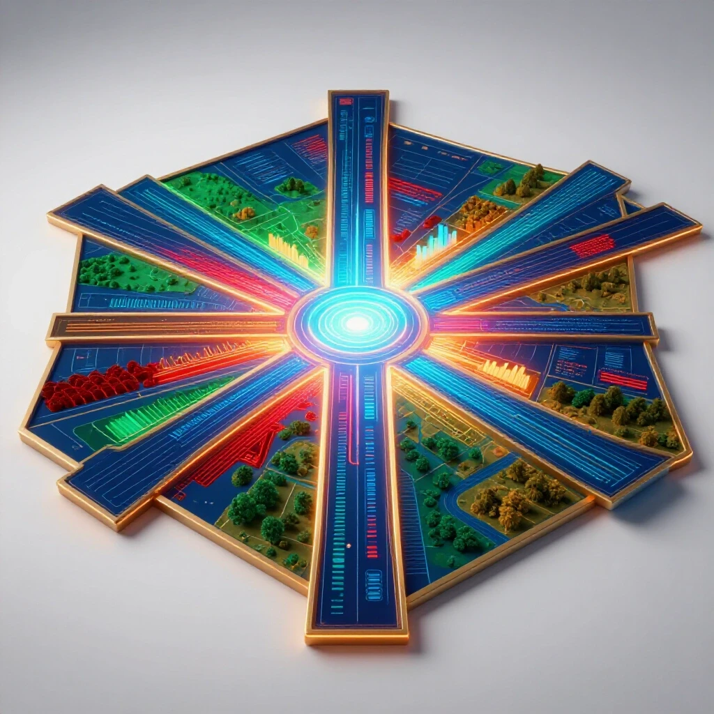 Glowing futuristic map at a crossroads with vibrant data streams branching into career landscapes, on a bright white background.