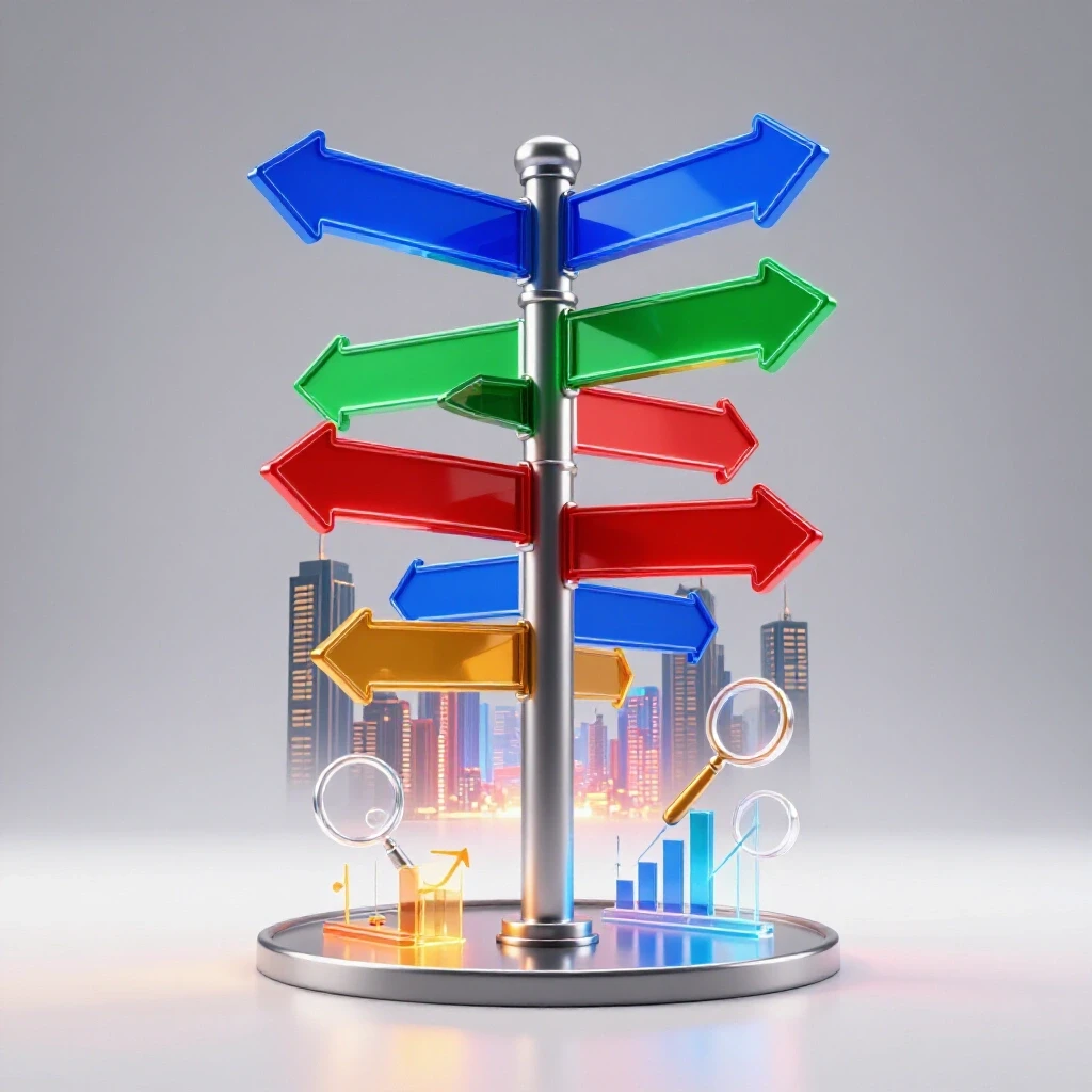Glossy crossroads signpost with glowing arrows and floating graphs above a luminous cityscape