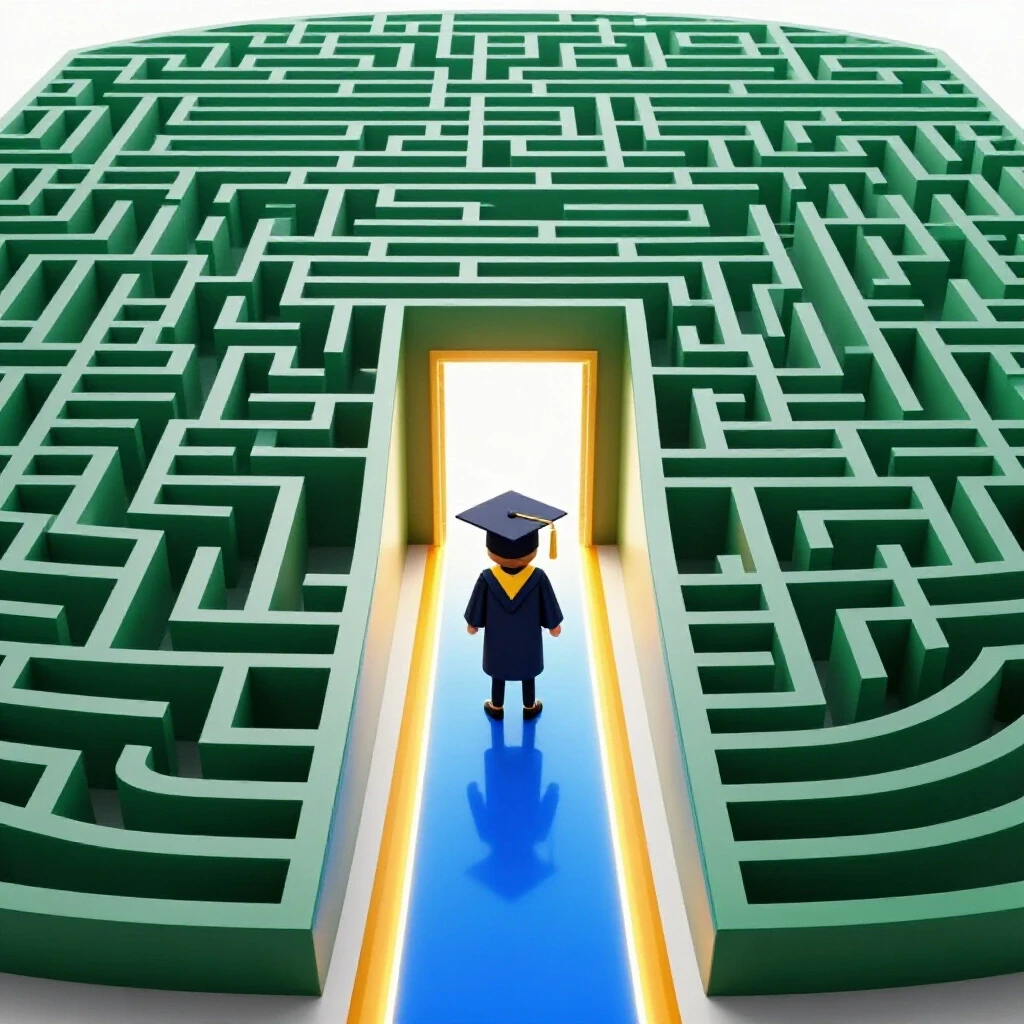 A glowing maze with a graduation cap and diploma at the entrance, a luminous path leading to a radiant open doorway.