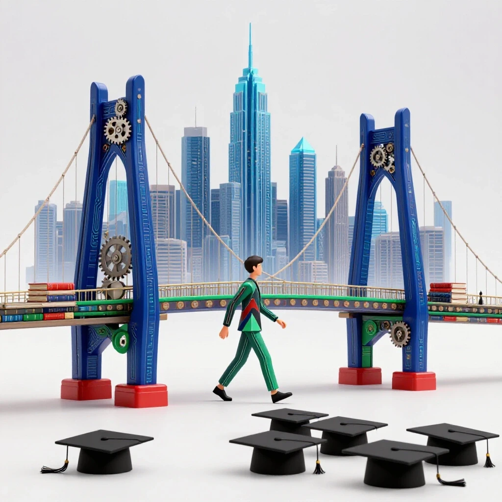 Vibrant bridge of books and gears leads to a modern city, with graduation caps left behind in the distance.