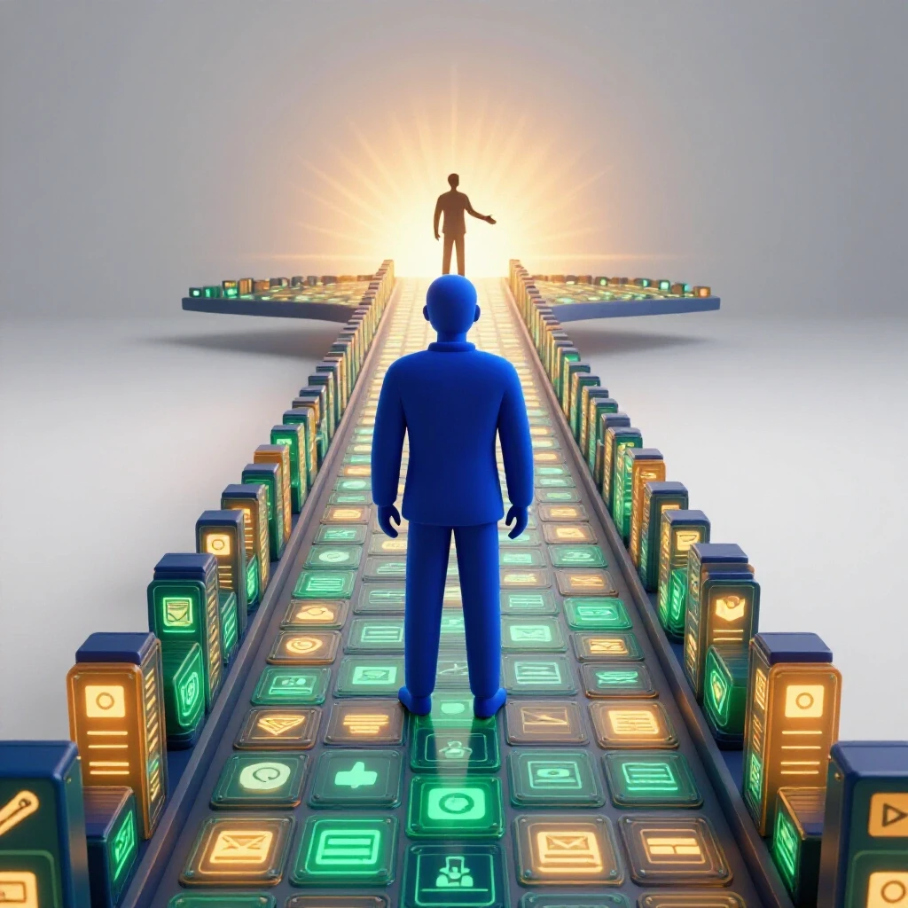 A confident figure stands on a glowing course module bridge, reaching to shake hands with a client silhouette by a bright horizon.