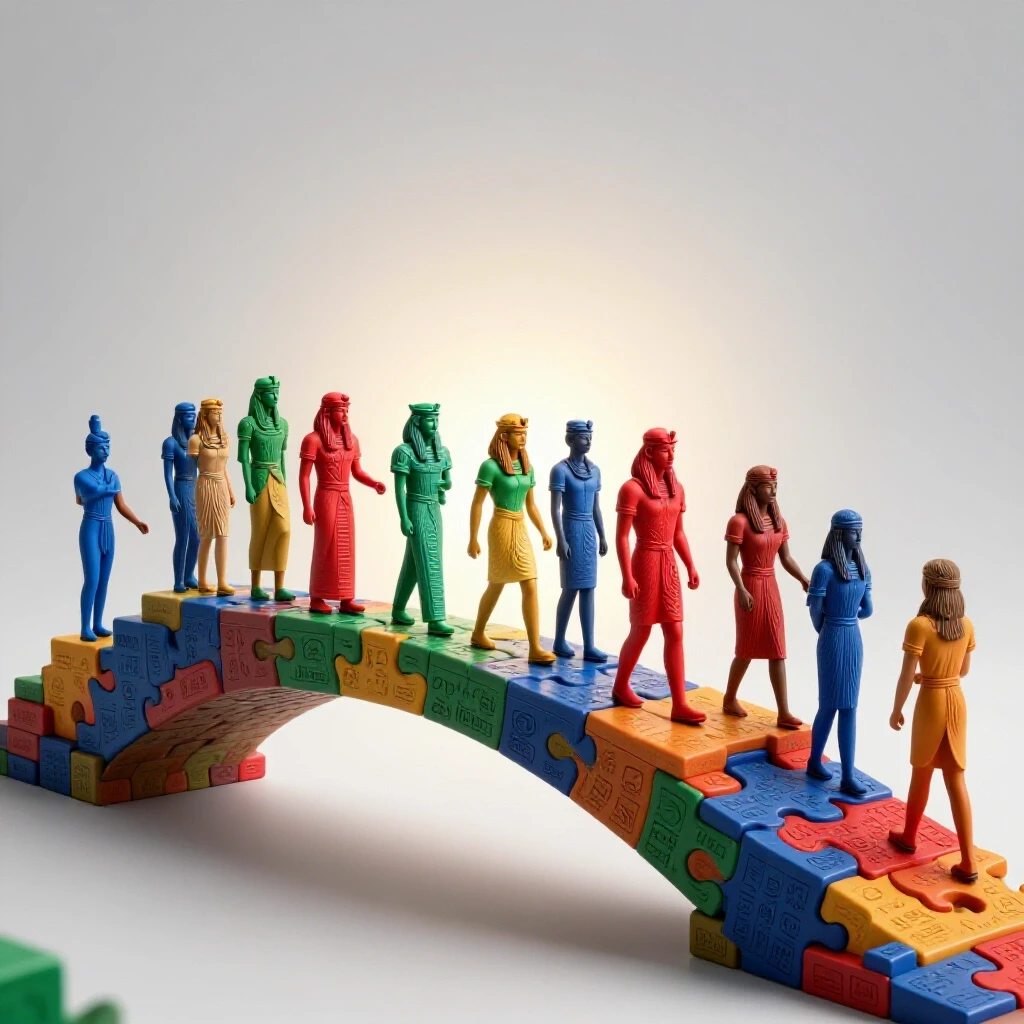 Bridge of colorful puzzle pieces with language symbols crosses academic steps toward a bright horizon