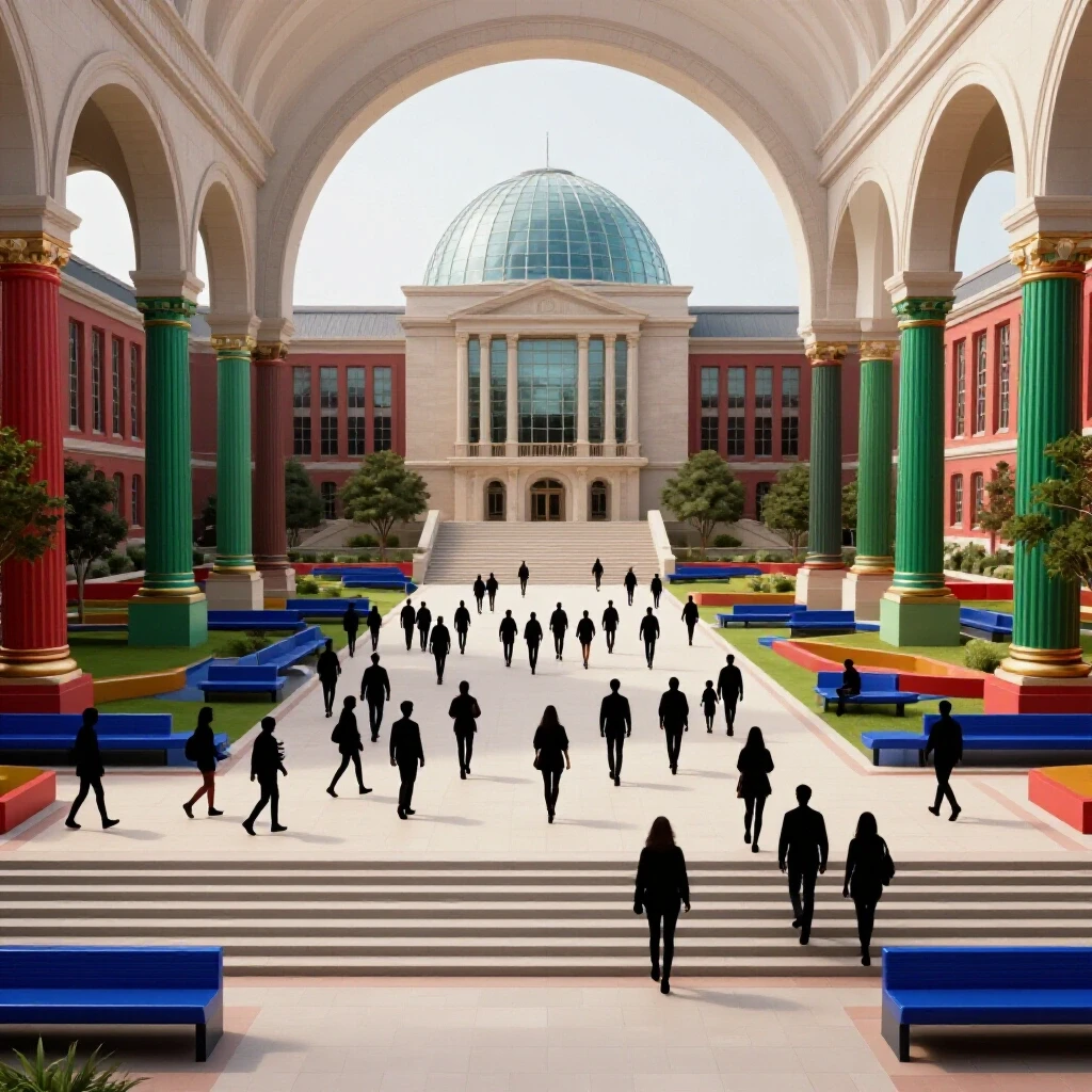 Vast, vibrant university campus with grand architecture and diverse student silhouettes exploring together