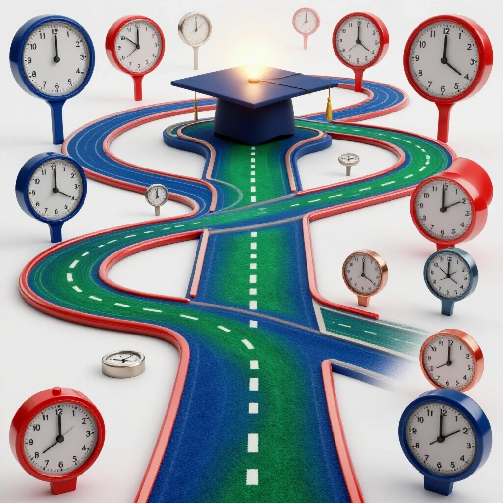 A winding path with clocks and milestone markers leads to a glowing graduation cap on a bright background.