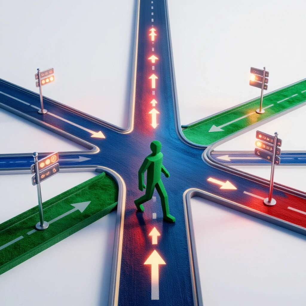 A vibrant 3D crossroads at dusk with glowing paths, arrows, and a single abstract figure stepping onto a green path.