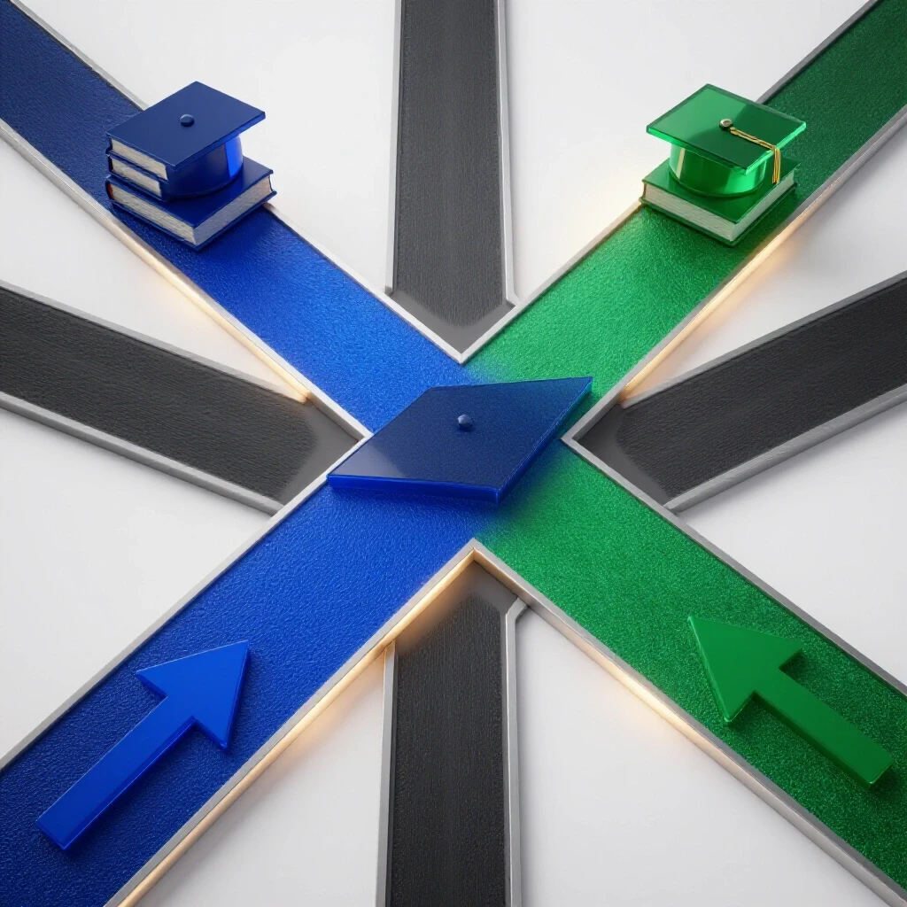 Vibrant crossroads with bold colored arrows, academic icons, and illuminated paths symbolizing educational choices