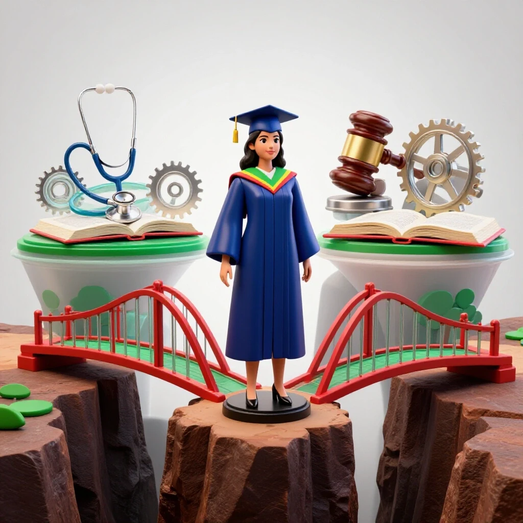 A Latina graduate in cap and gown stands at the edge of a gap, a vivid bridge forming beneath her toward professional symbols.