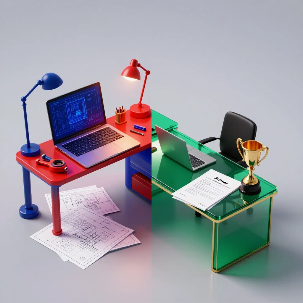 Split scene showing a vibrant workspace transitioning into a sleek office, symbolizing turning a side project into a career breakthrough.
