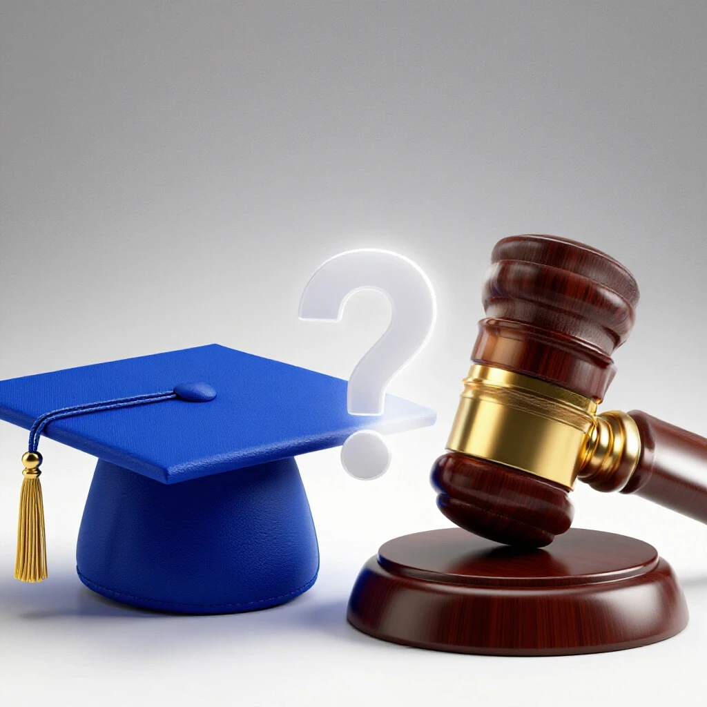 Split scene showing a royal blue graduation cap and a polished judge’s gavel divided by a question mark shape