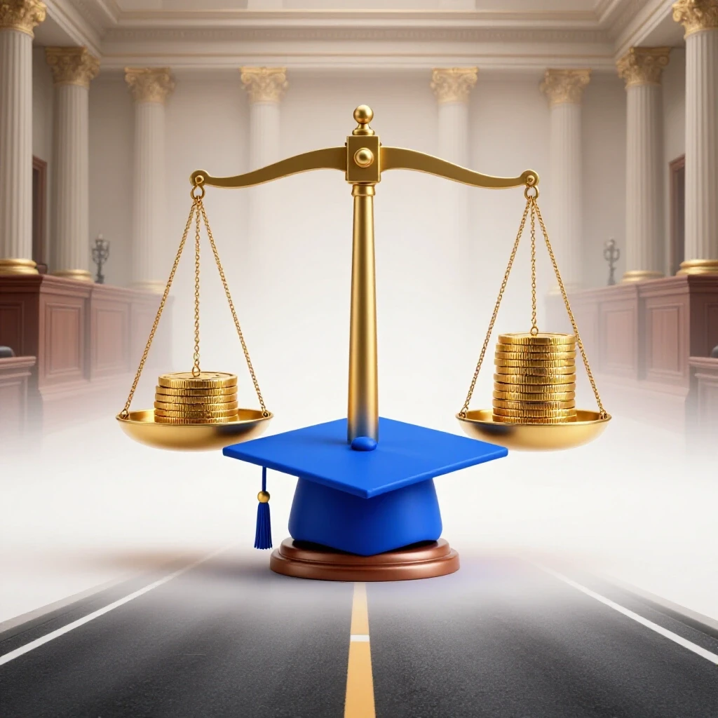 A scale balances a blue graduation cap against gold coins, with a courtroom and open road backdrop.