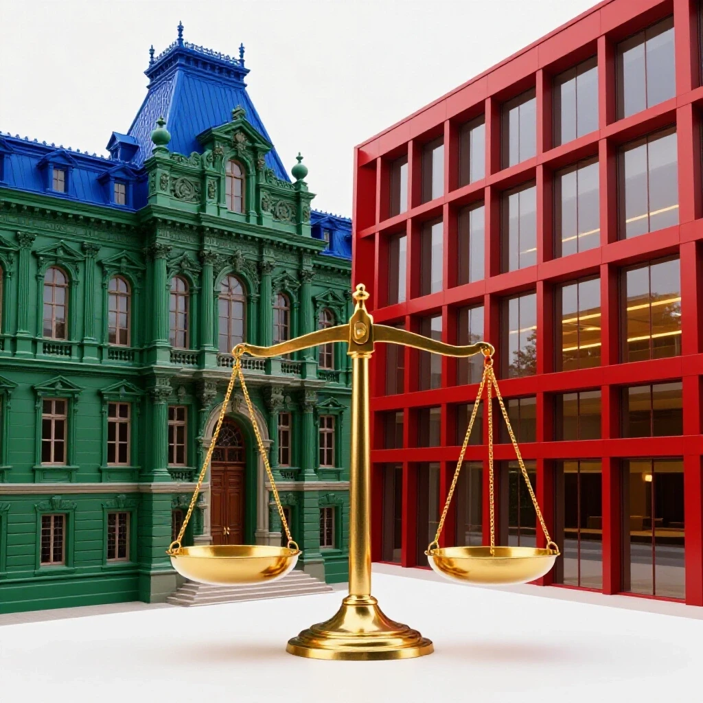 Historic European law building and modern American law school divided by a gold scale of justice on a bright background.