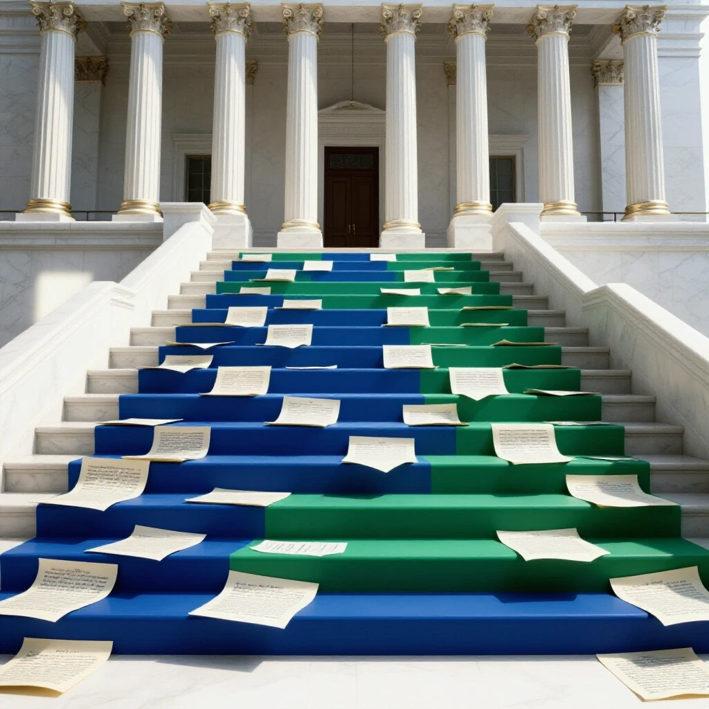 A grand staircase made of essay pages leads to illuminated courthouse pillars on a bright white background.