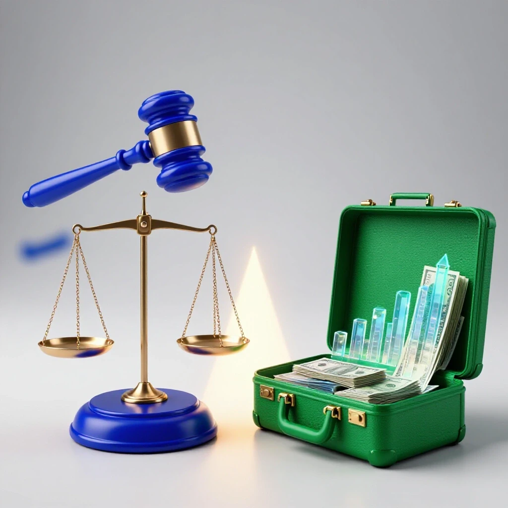 Split scene shows a gavel on a scale and a briefcase with graphs and currency converging to a glowing path