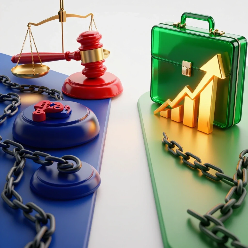 Split path with law icons weighed by debt chains on one side and business icons with upward graphs on the other, vividly contrasted.