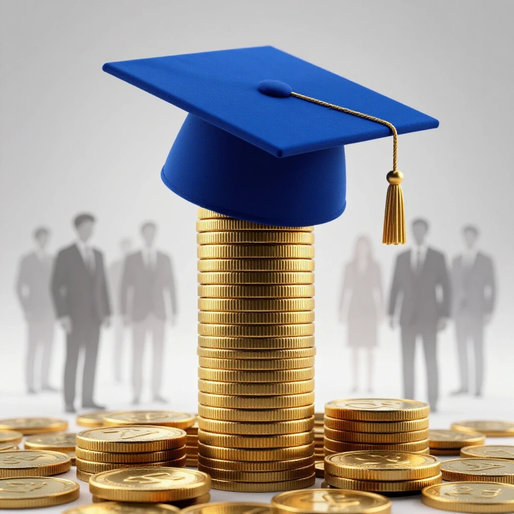 Graduation cap teetering on shrinking gold coins with fading business silhouettes behind on a bright background.