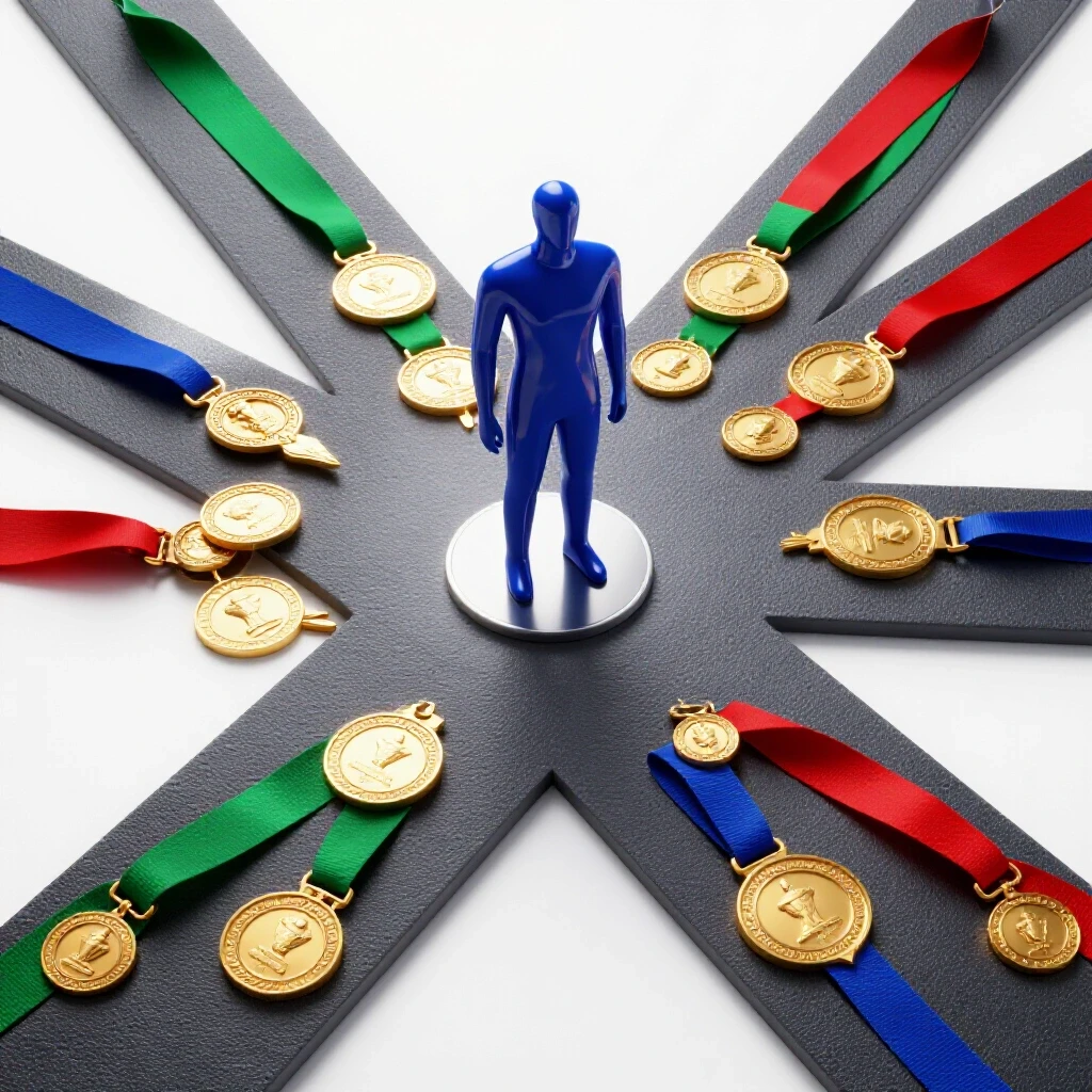 Glossy abstract figure at crossroads surrounded by rich-colored medals and badges on vibrant pathways