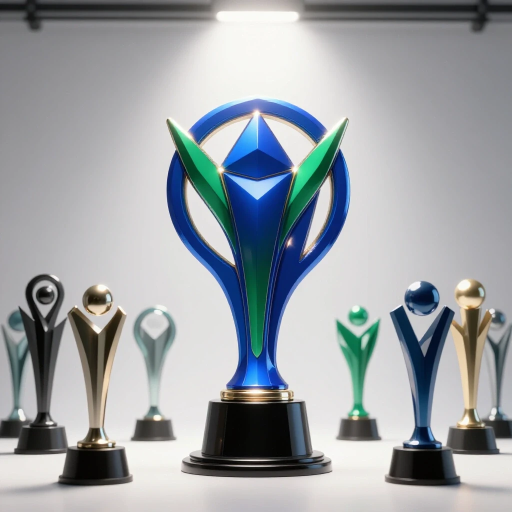 Central trophy in deep blue and green spotlighted, surrounded by abstract trophies in a bright studio space.