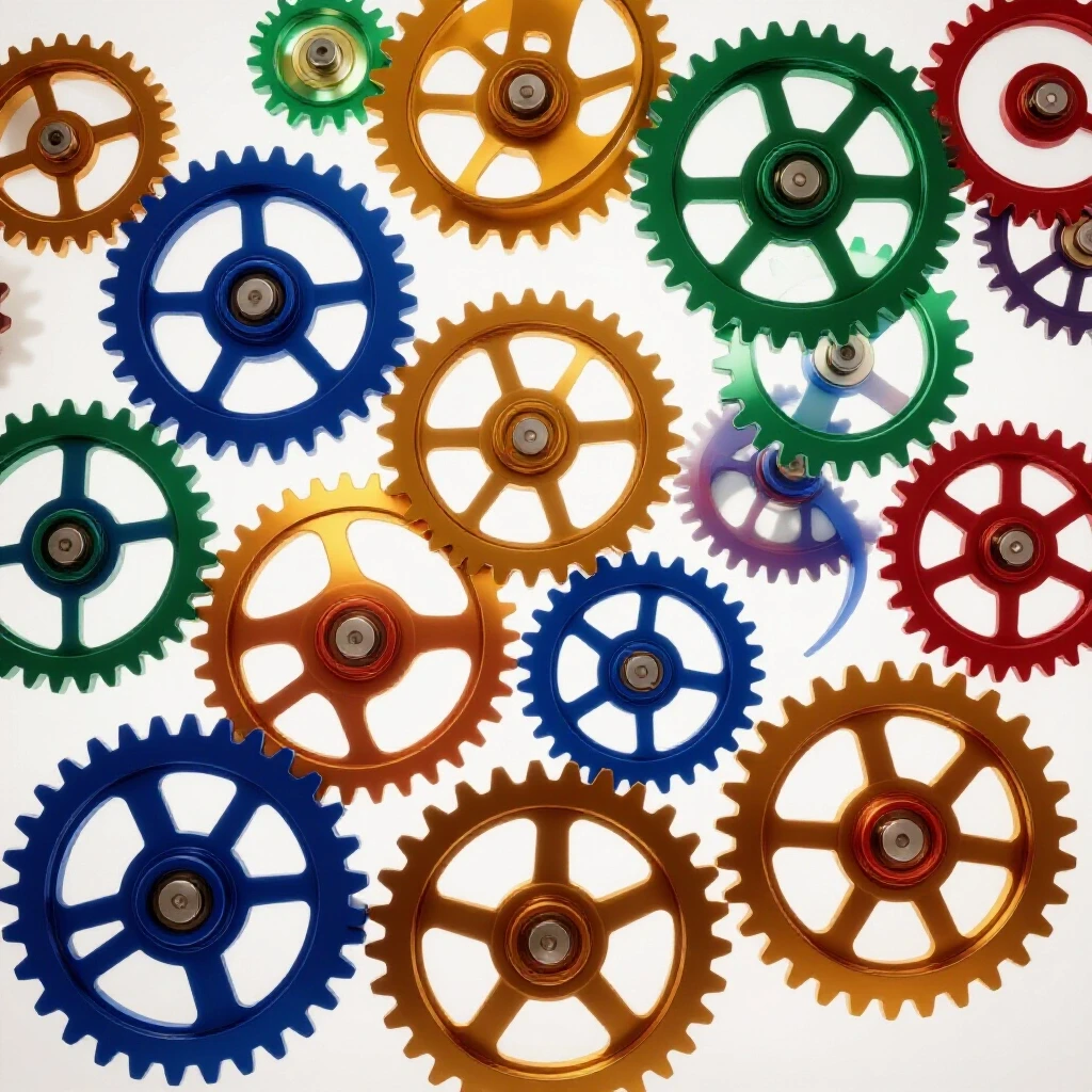 Ascending pathway of metallic and glossy colored gears on a bright white background, symbolizing progression in certification.