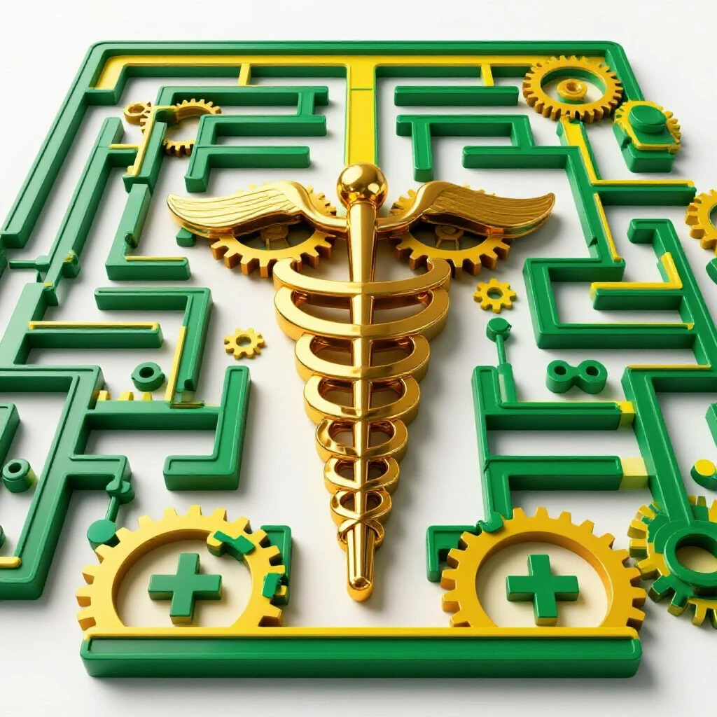 Interlocking green and yellow gears and medical symbols forming pathways against a bright white background