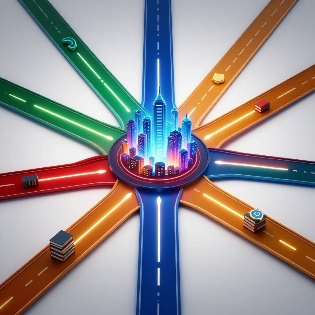 Intersecting illuminated pathways branch toward a glowing city skyline, with symbolic coding objects at their intersection, all set against a bright, clean background.