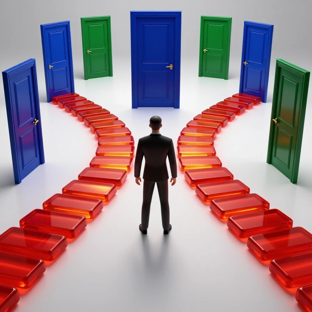 Abstract figure at a forked path with closed doors behind and glowing stepping stones ahead symbolizing career growth