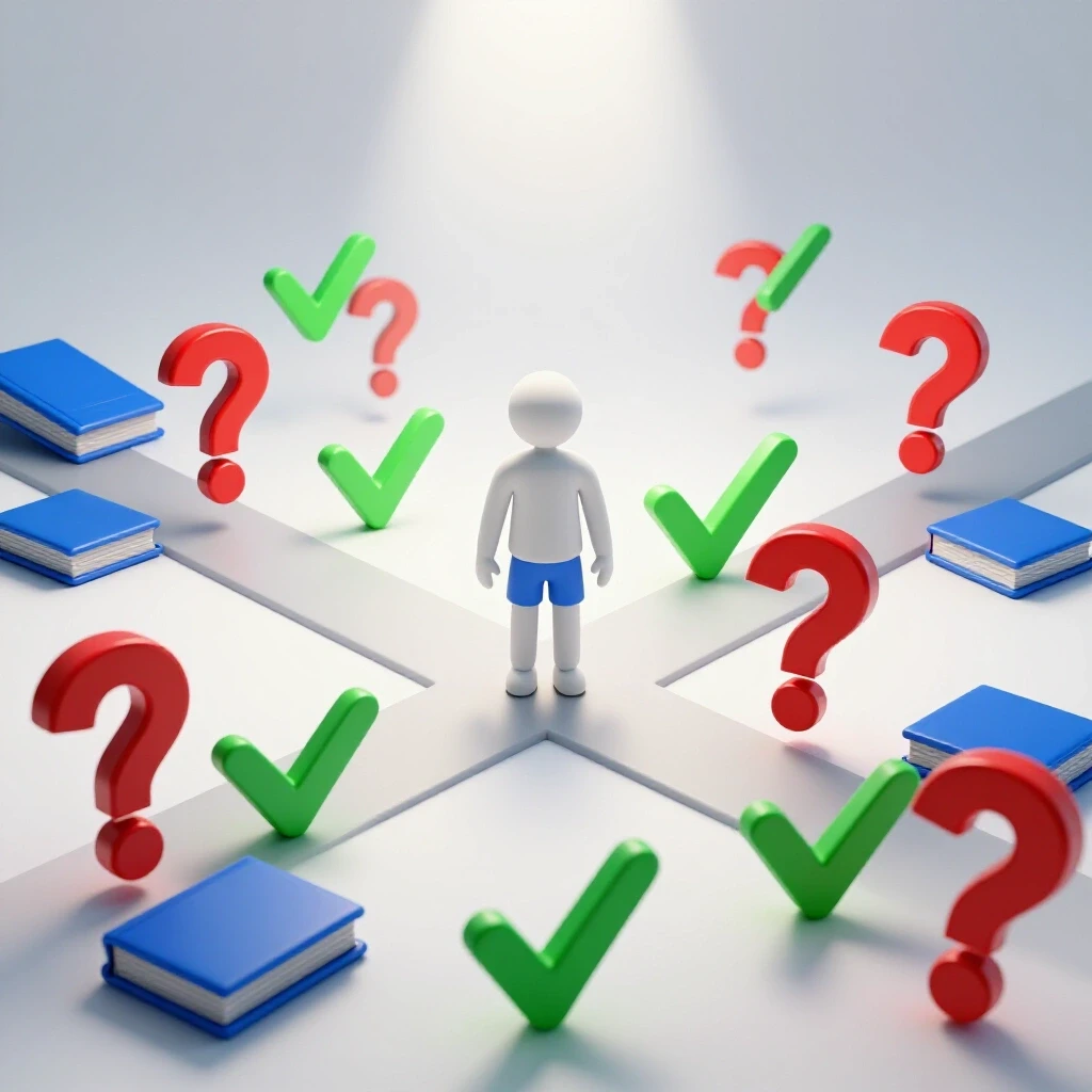 Crossroads with stylized student figure surrounded by floating books, checkmarks, and question marks, illuminated by a bright spotlight.