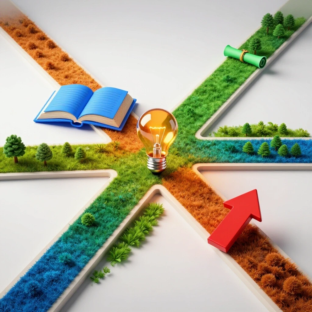 A vibrant crossroads with four colorful paths leading to symbolic objects for knowledge, achievement, innovation, and progress.
