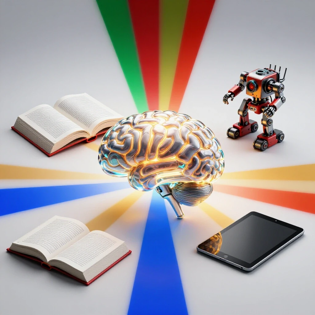 Central glowing brain surrounded by colorful beams highlighting a book, tablet, and model in a bright studio.