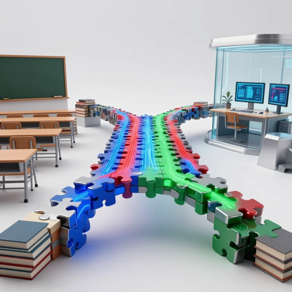 Vivid bridge of interconnected puzzle pieces channeling vibrant energy between a classroom and a futuristic workspace