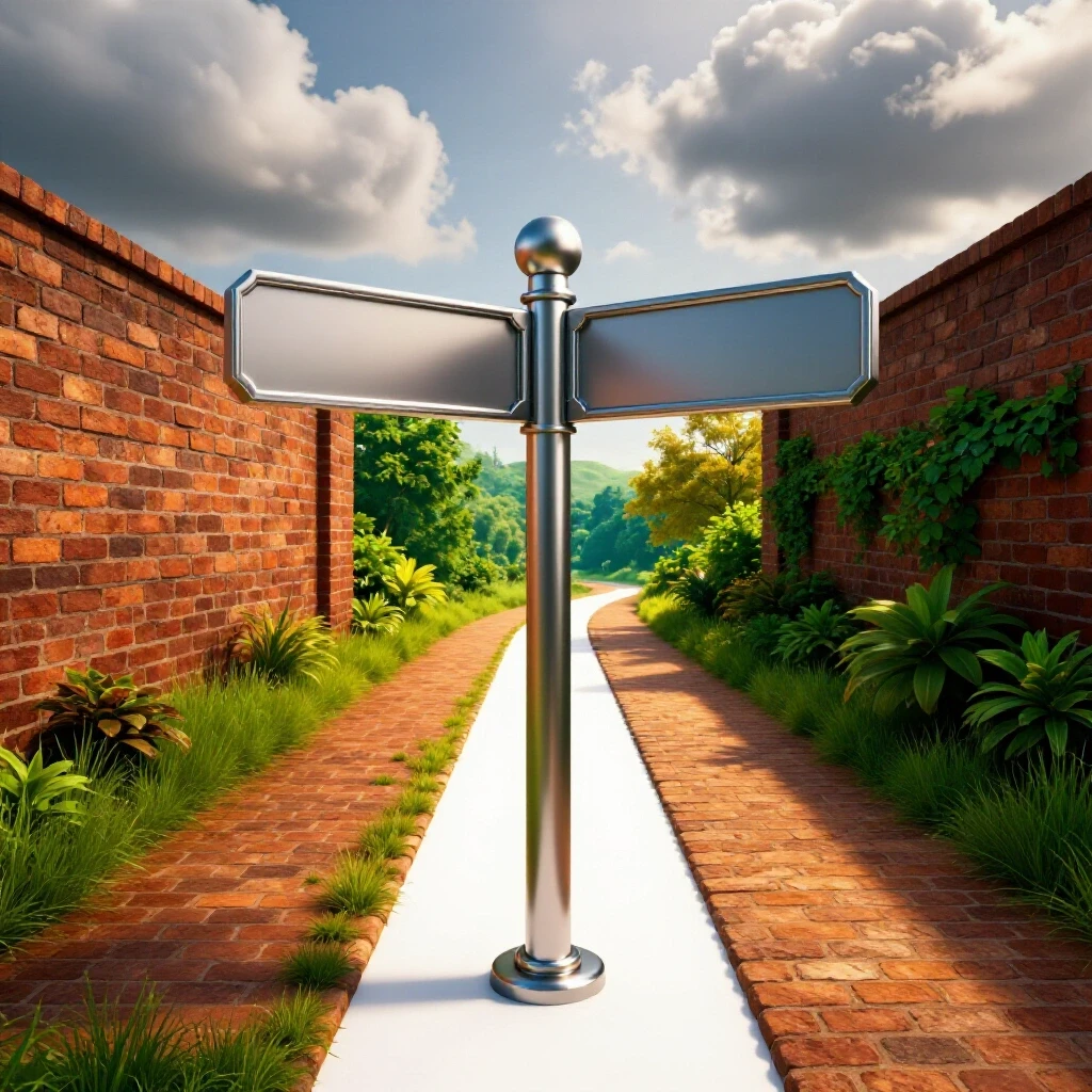 A signpost at a forked path, one side blocked by a brick wall under gloomy clouds, the other opening into a brightly lit, vibrant landscape.