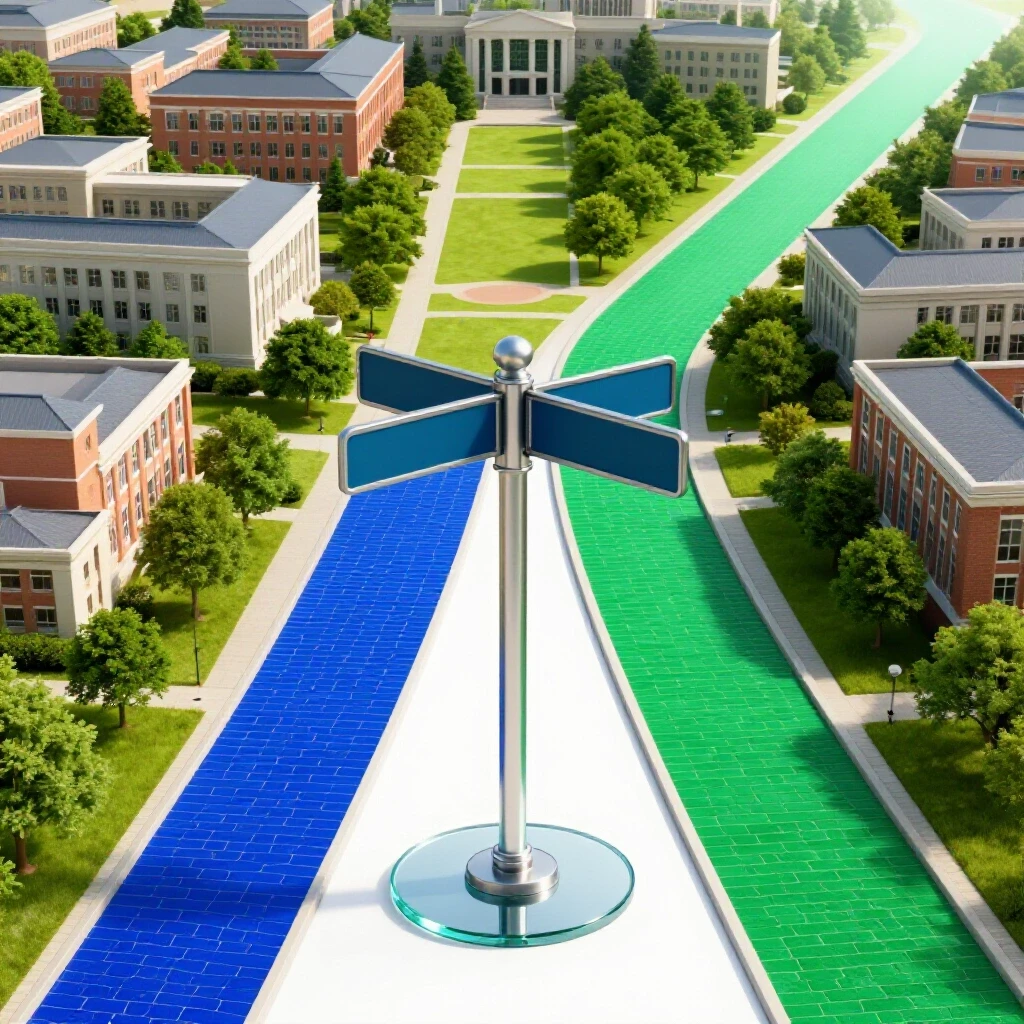 Colorful crossroads signpost with vibrant blue and green paths diverging toward a campus and into the unknown, centered on a bright white background.