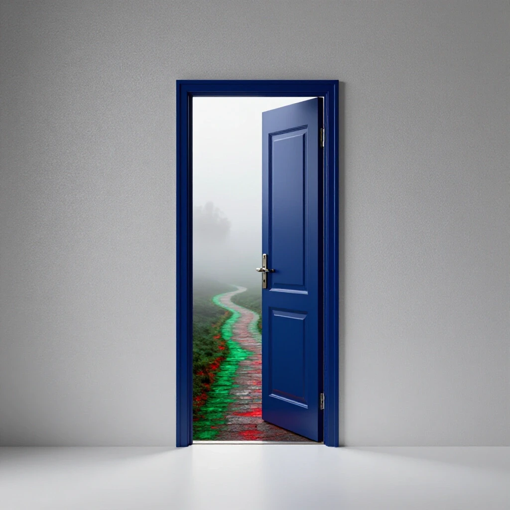 A glossy blue door opens to a misty branching path, symbolizing career choices beyond stability.