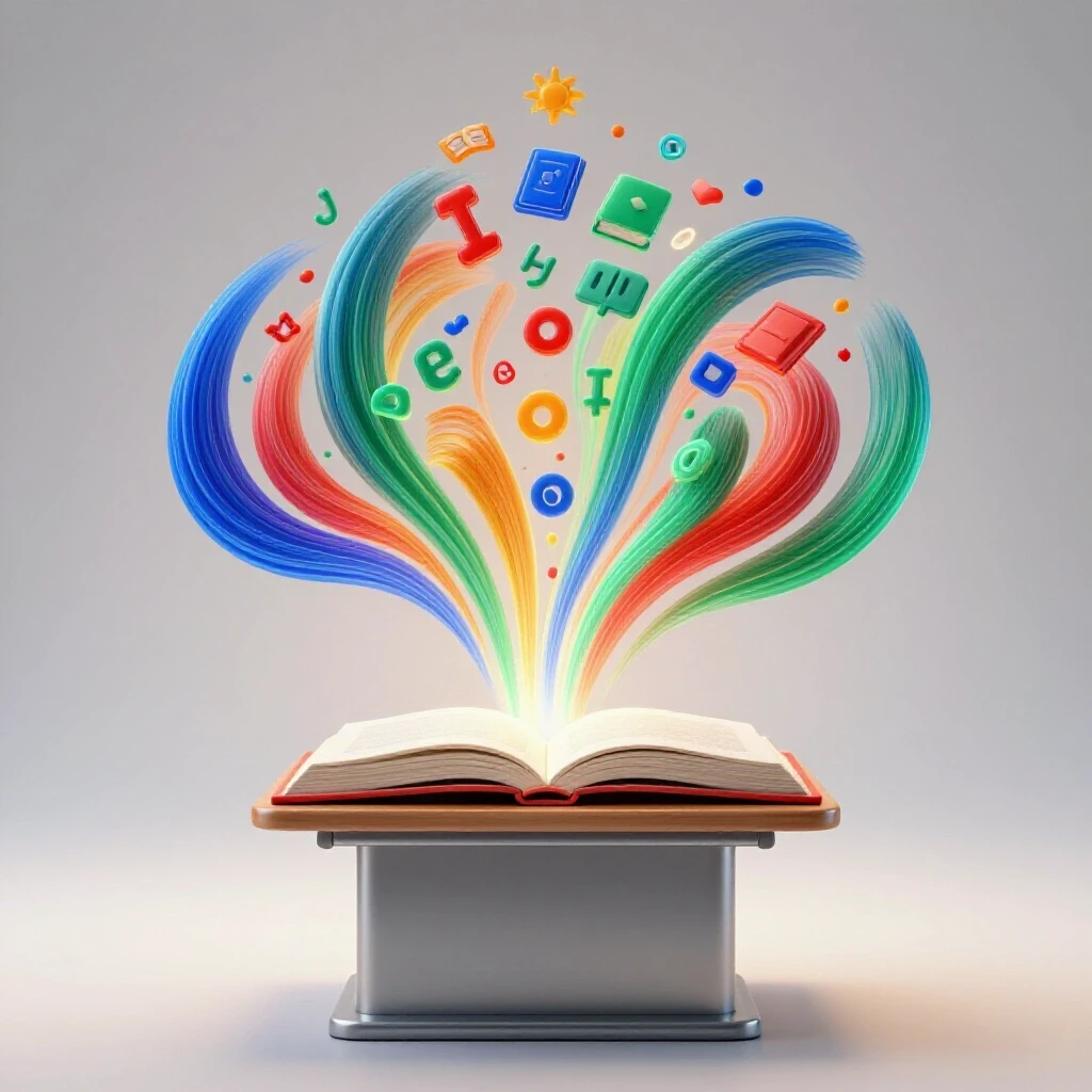 A student desk with glowing streams of colorful symbols swirling toward it from a modern podium, symbolizing dynamic knowledge transfer in a bright classroom setup.
