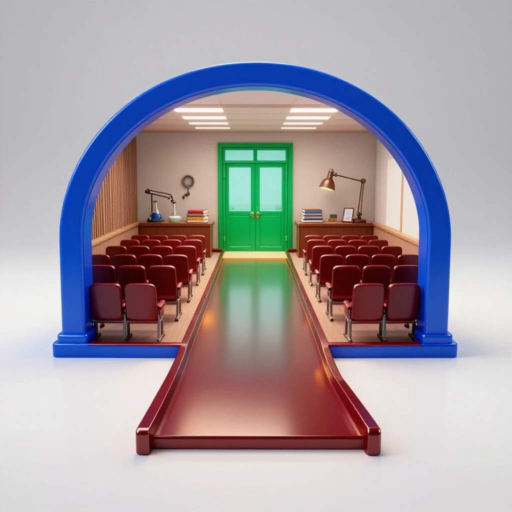 A metallic crossroads sculpture with two vivid paths, one to a lecture hall, one to a research office, in a bright studio.